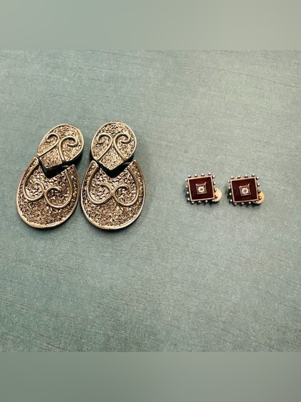 Clip Earring Bundle Silver Brutilist And Small Square Enamel Crystal B10